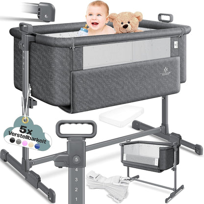 KESSER® Zustellbett Hubi 3in1 Baby Beistellbett Reisebett Babybett mit weich Matratze, mit Rollen Kinderbett, 5-Fach Höhenverstellung, Faltbare Seitenwand für Zuhause und Unterwegs, Dunkelgrau