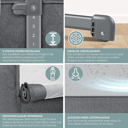KESSER® Zustellbett Hubi 3in1 Baby Beistellbett Reisebett Babybett mit weich Matratze, mit Rollen Kinderbett, 5-Fach Höhenverstellung, Faltbare Seitenwand für Zuhause und Unterwegs, Dunkelgrau