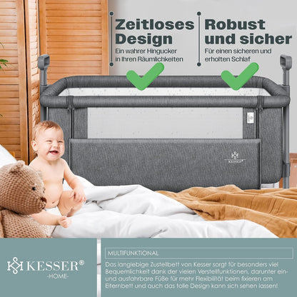 KESSER® Zustellbett Hubi 3in1 Baby Beistellbett Reisebett Babybett mit weich Matratze, mit Rollen Kinderbett, 5-Fach Höhenverstellung, Faltbare Seitenwand für Zuhause und Unterwegs, Dunkelgrau
