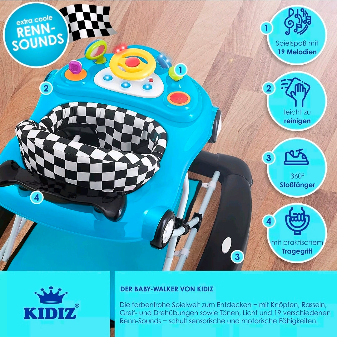 KIDIZ® 4'ü 1 Arada Lauflernhilfe Babywalker Auto ile Rollen Licht Musik Blau