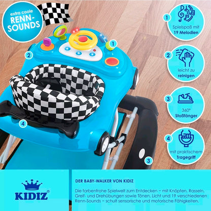 KIDIZ® 4'ü 1 Arada Lauflernhilfe Babywalker Auto ile Rollen Licht Musik Blau