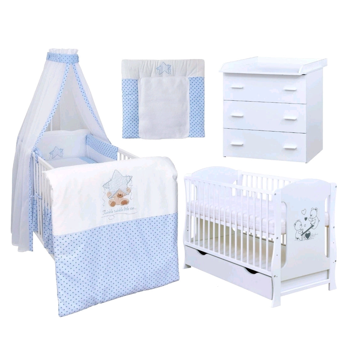 Babyzimmerset 120x60 cm Babybett Wickelkommode  Bettwäsche Komplettset