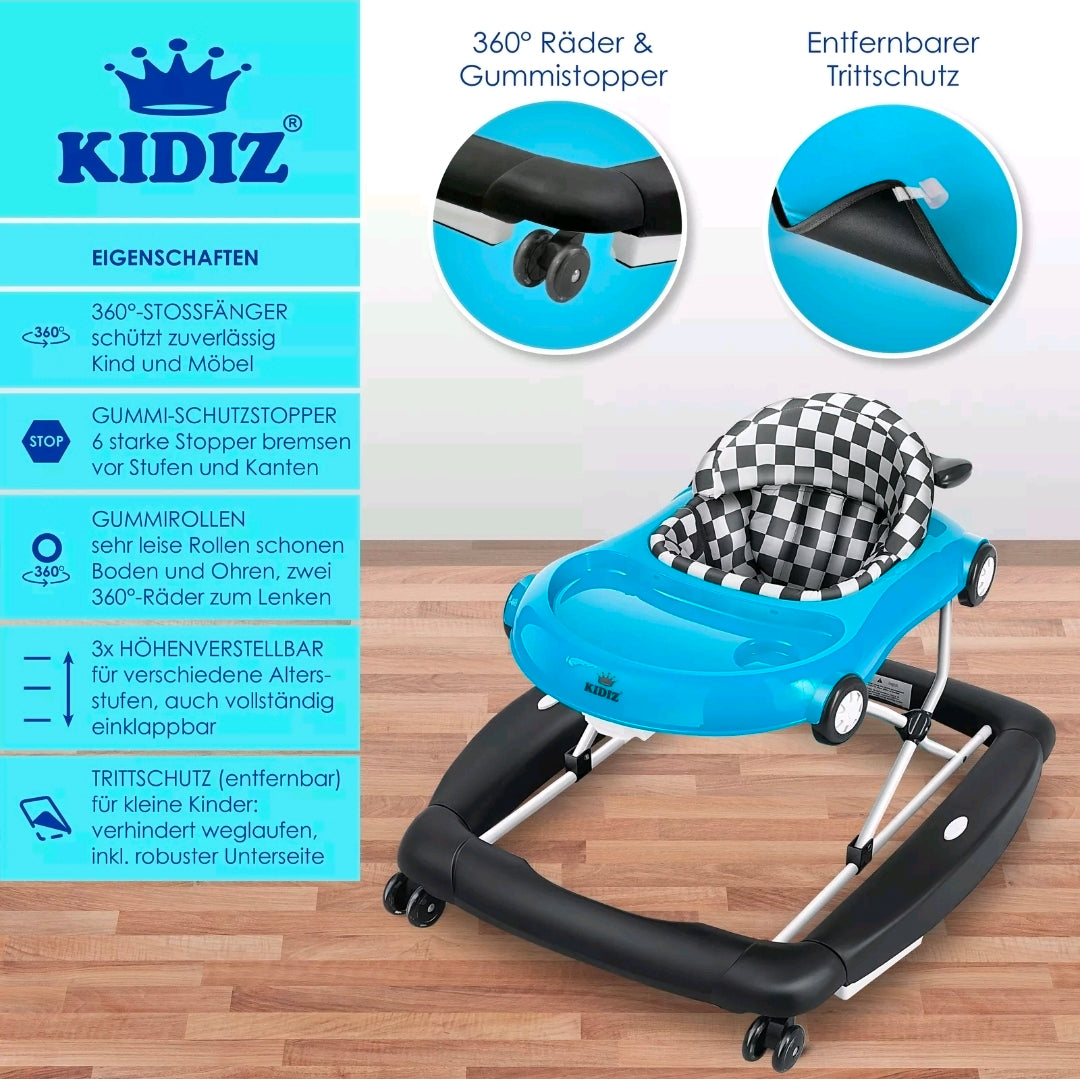 KIDIZ® 4'ü 1 Arada Lauflernhilfe Babywalker Auto ile Rollen Licht Musik Blau