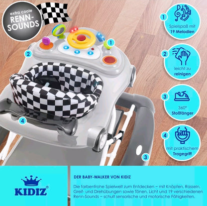 KIDIZ® 4'ü 1 Arada Lauflernhilfe Babywalker Auto ile Rollen Licht Musik Blau