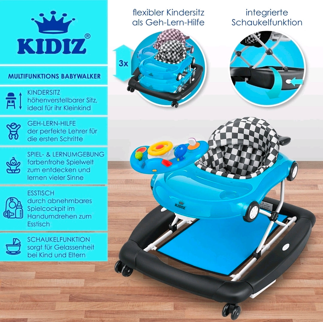 KIDIZ® 4'ü 1 Arada Lauflernhilfe Babywalker Auto ile Rollen Licht Musik Blau