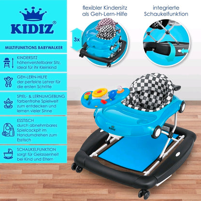 KIDIZ® 4'ü 1 Arada Lauflernhilfe Babywalker Auto ile Rollen Licht Musik Blau