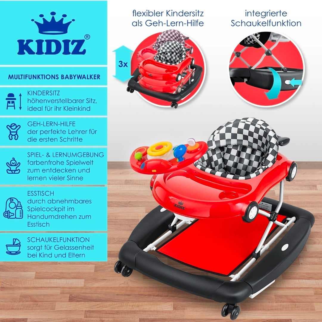 KIDIZ® 4'ü 1 Arada Lauflernhilfe Babywalker Auto ile Rollen Licht Musik Blau