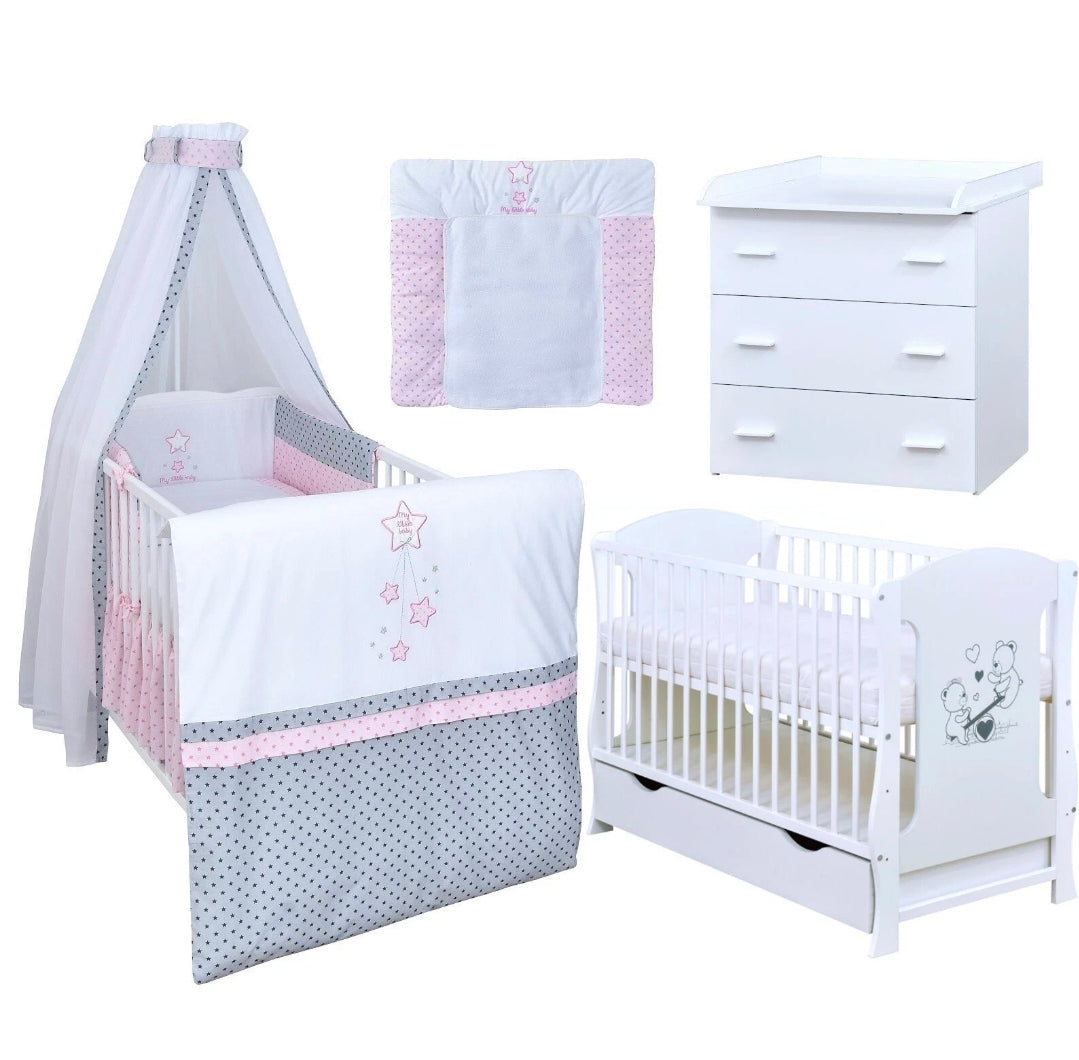 Babyzimmerset 120x60 cm Babybett Wickelkommode  Bettwäsche Komplettset