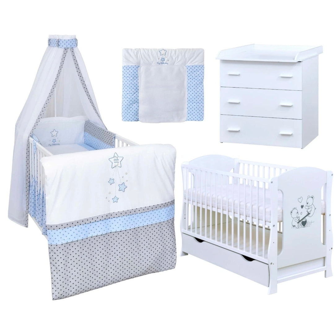 Babyzimmerset 120x60 cm Babybett Wickelkommode  Bettwäsche Komplettset