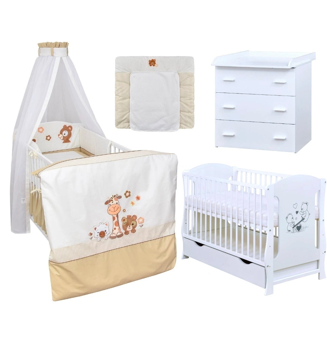 Babyzimmerset 120x60 cm Babybett Wickelkommode  Bettwäsche Komplettset